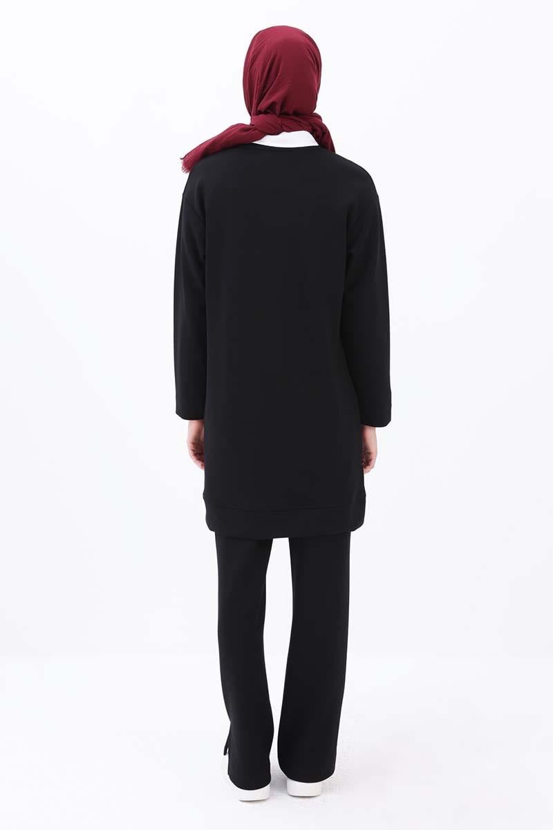 Siyah-Taşlı Geometrik Çima Detaylı Tunik