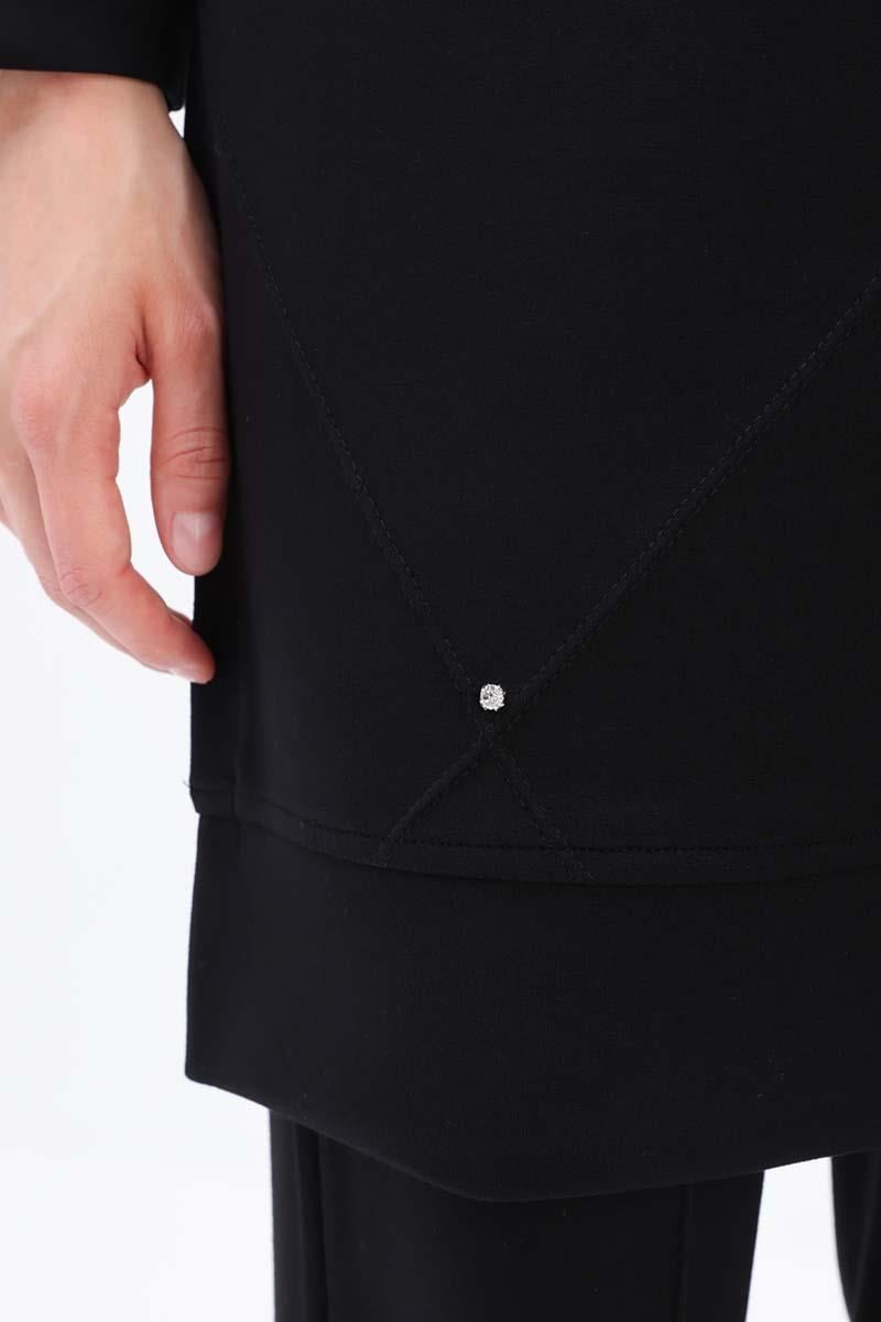 Siyah-Taşlı Geometrik Çima Detaylı Tunik