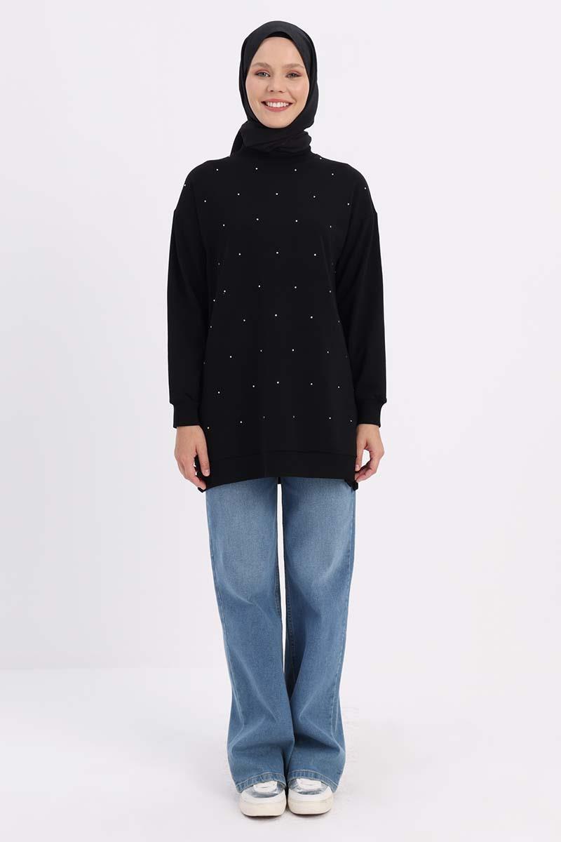 Siyah-Taşlı Sweat Tunik