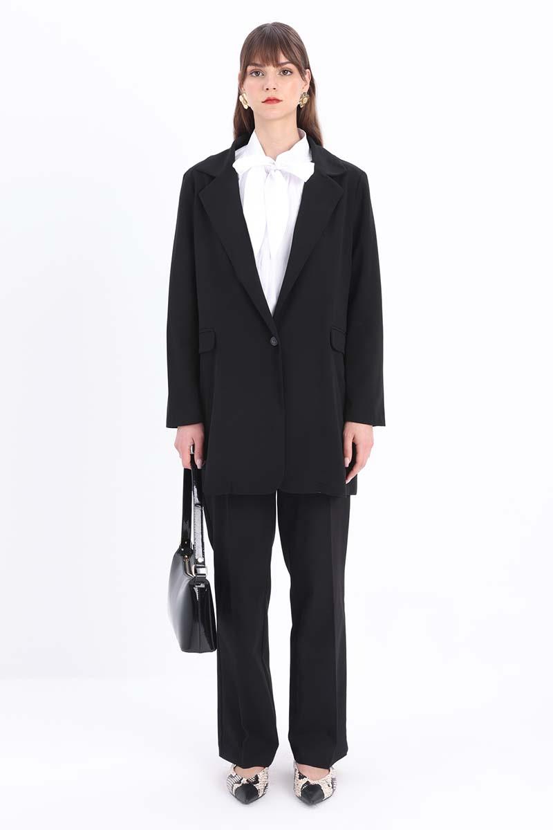 Siyah-Tek Düğmeli Blazer Ceket