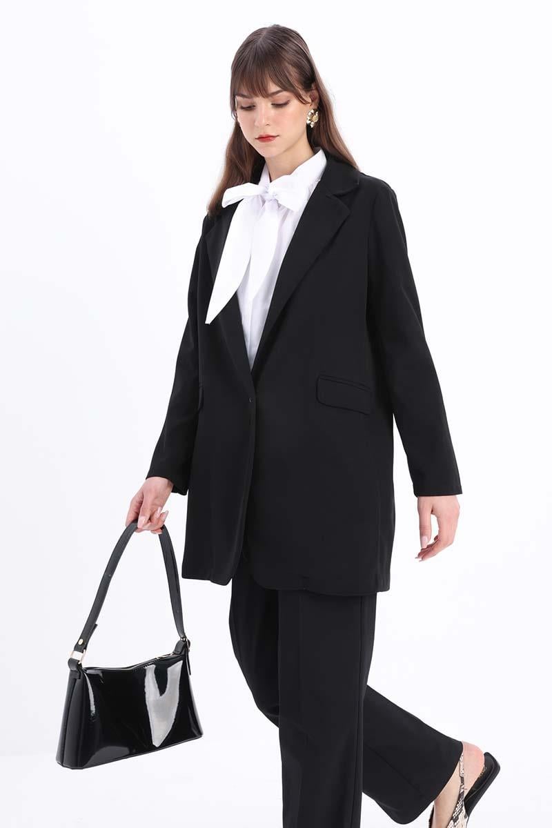 Siyah-Tek Düğmeli Blazer Ceket