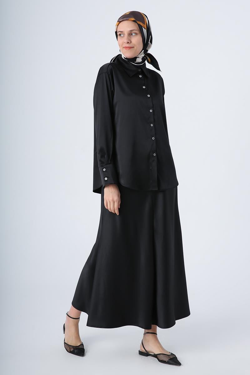 Black-Long Sleeve Satin Shirt