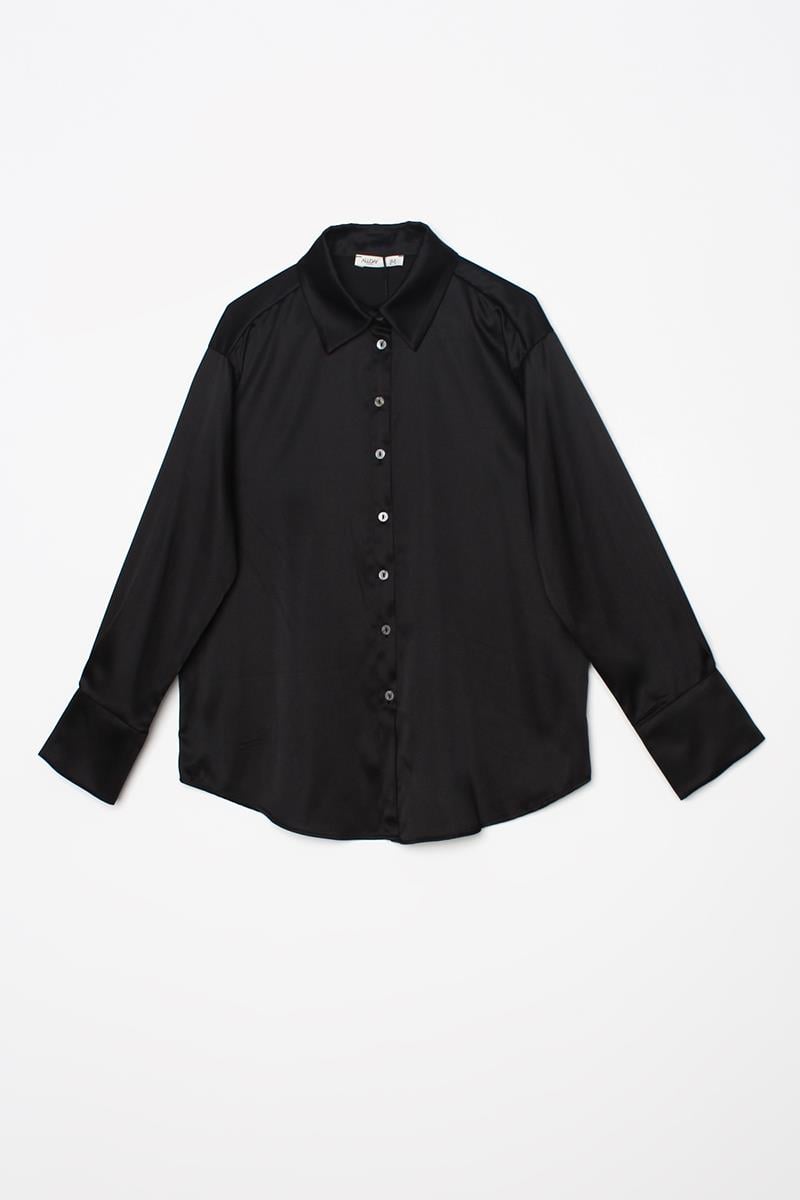 Black-Long Sleeve Satin Shirt