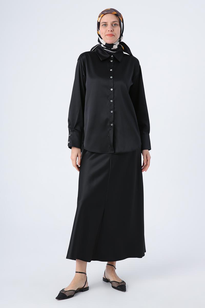Black-Long Sleeve Satin Shirt