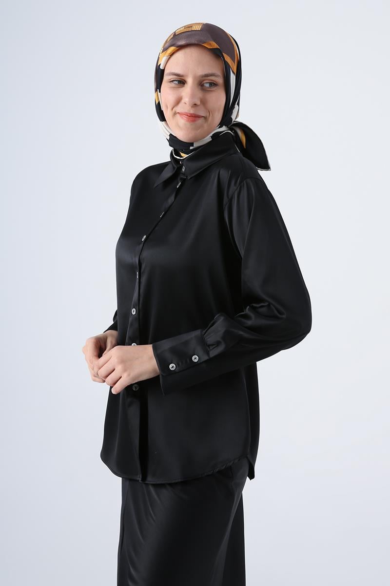 Black-Long Sleeve Satin Shirt