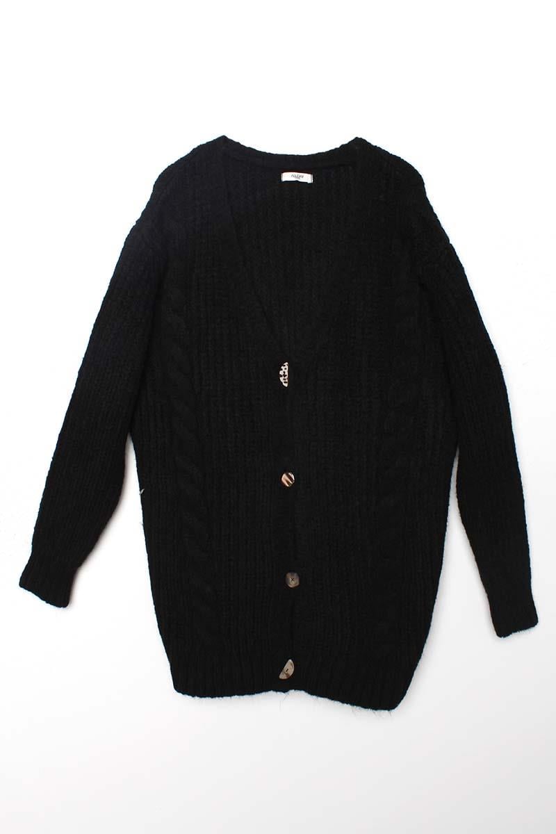 Black-V-Neck Buttoned Knitted Cardigan