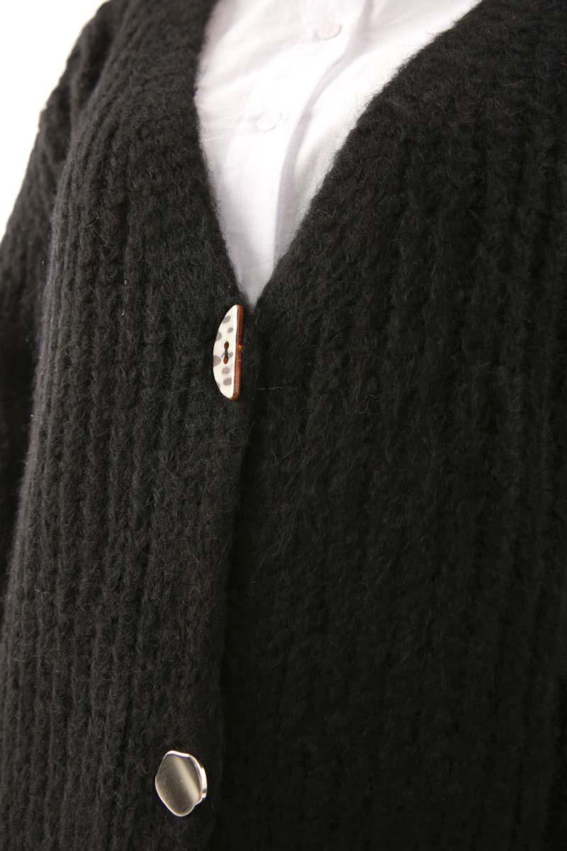 Black-V-Neck Buttoned Knitted Cardigan