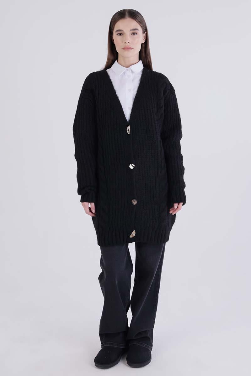 Black-V-Neck Buttoned Knitted Cardigan