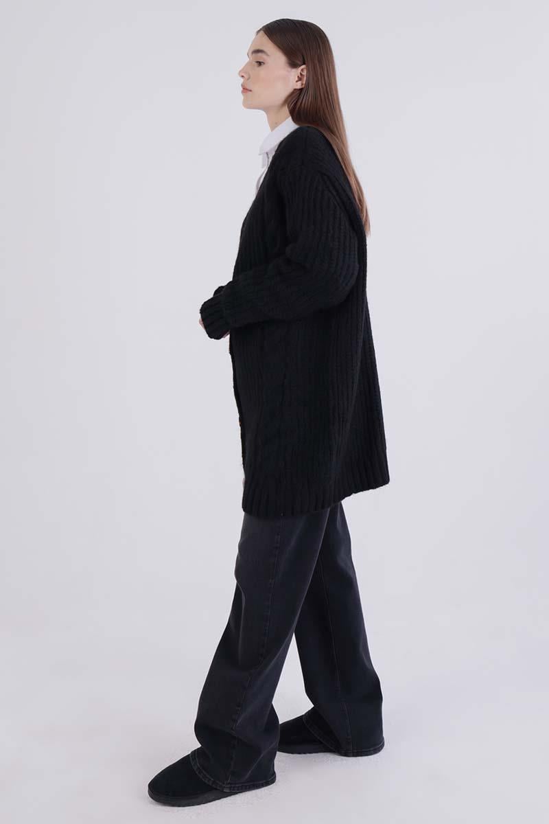 Black-V-Neck Buttoned Knitted Cardigan