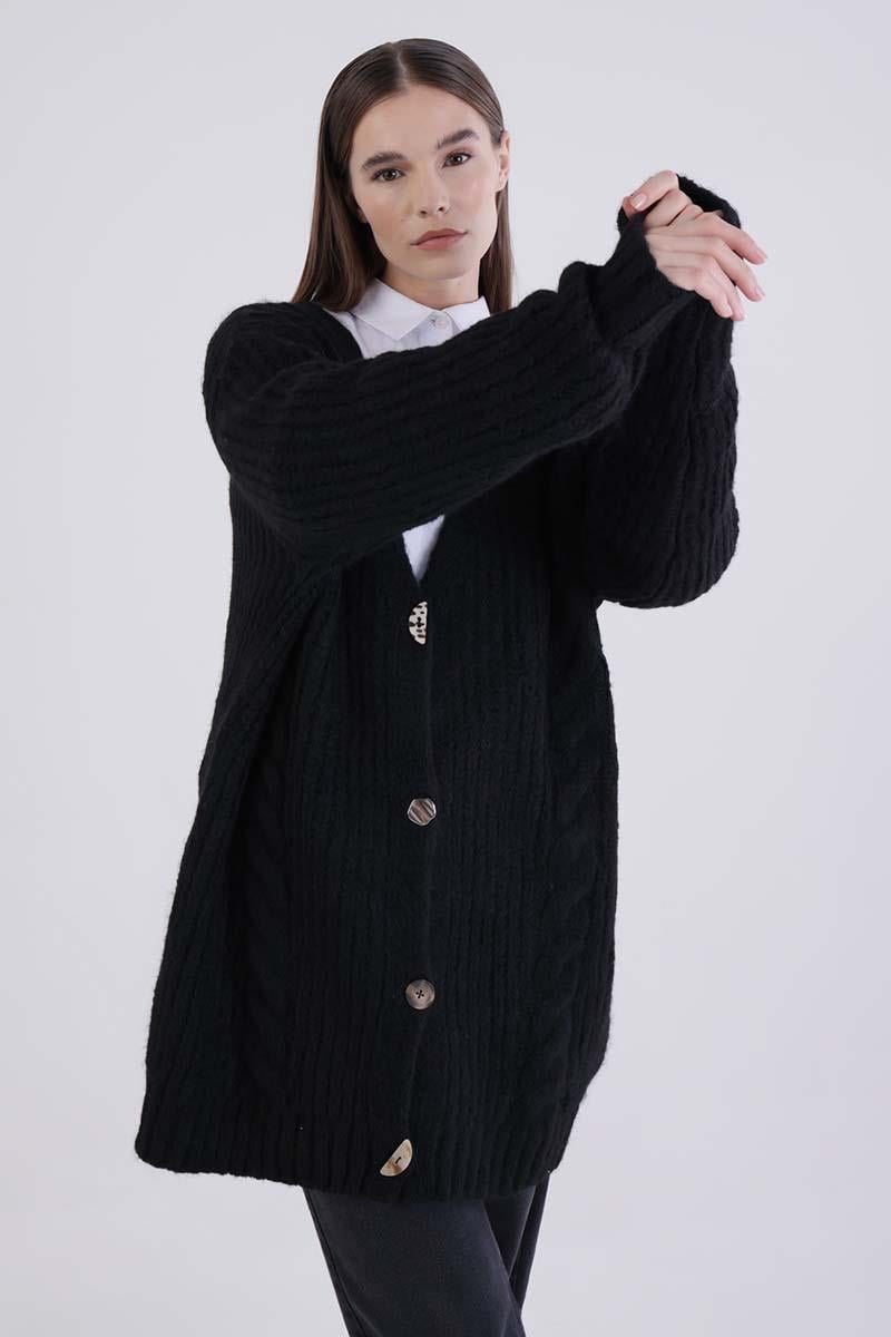 Black-V-Neck Buttoned Knitted Cardigan