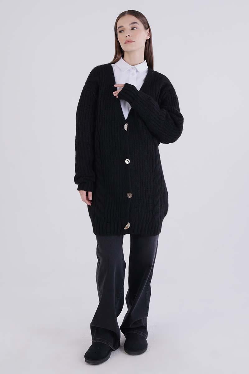 Black-V-Neck Buttoned Knitted Cardigan