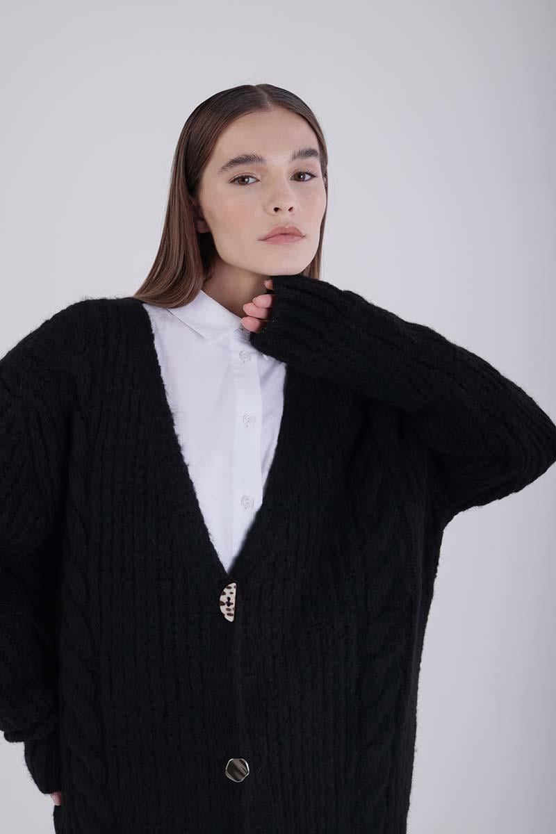 Black-V-Neck Buttoned Knitted Cardigan