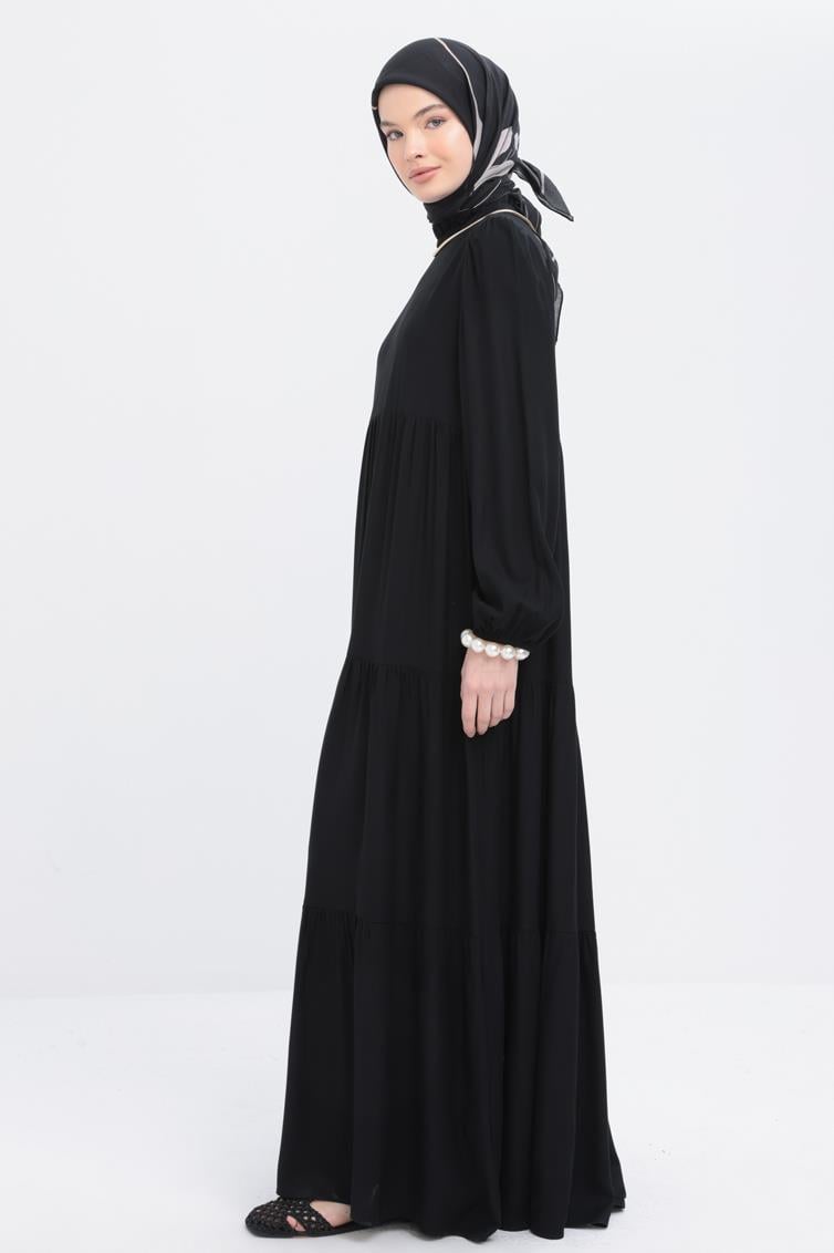 Black-High Neck Gathered Dress