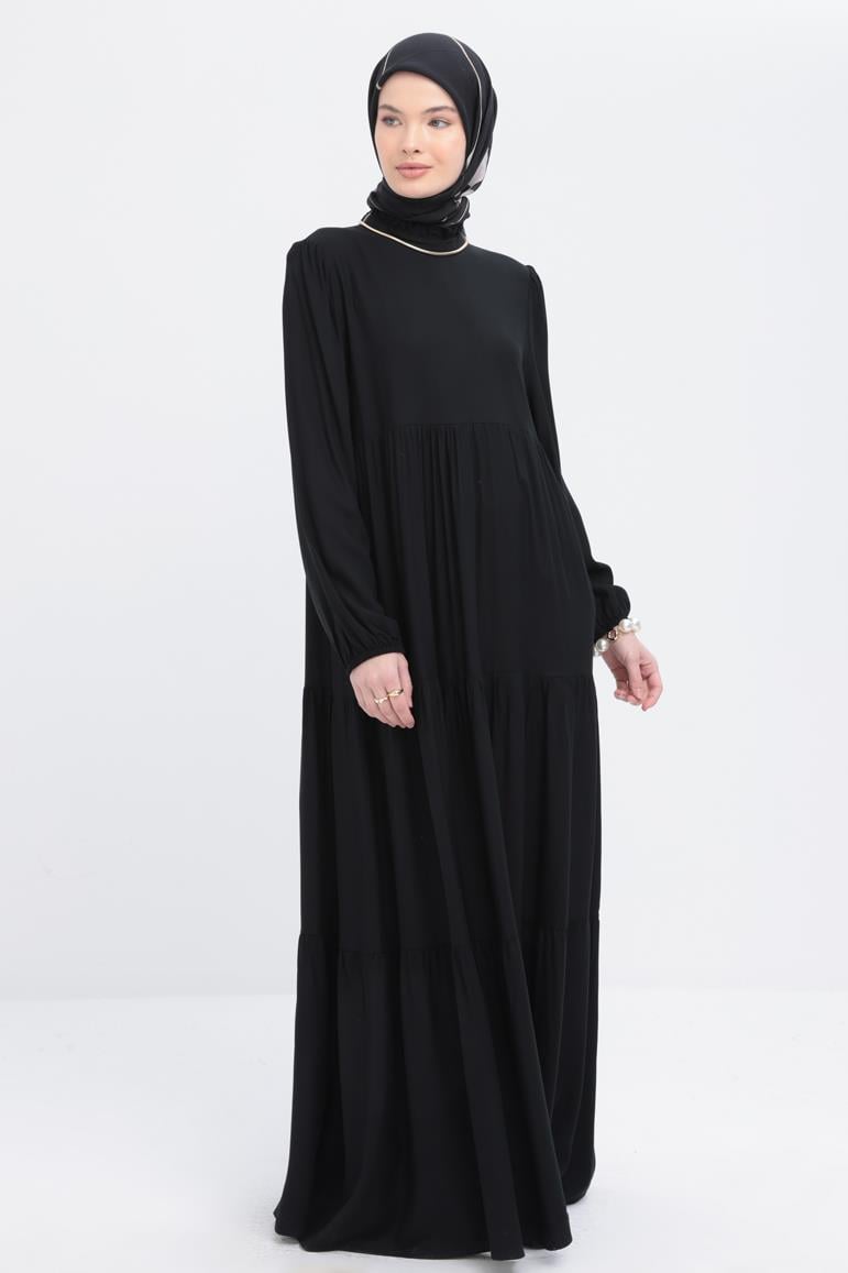 Black-High Neck Gathered Dress