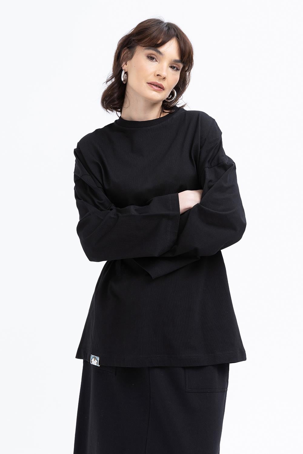 Black-Sleeve Appliqué Striped Sweatshirt