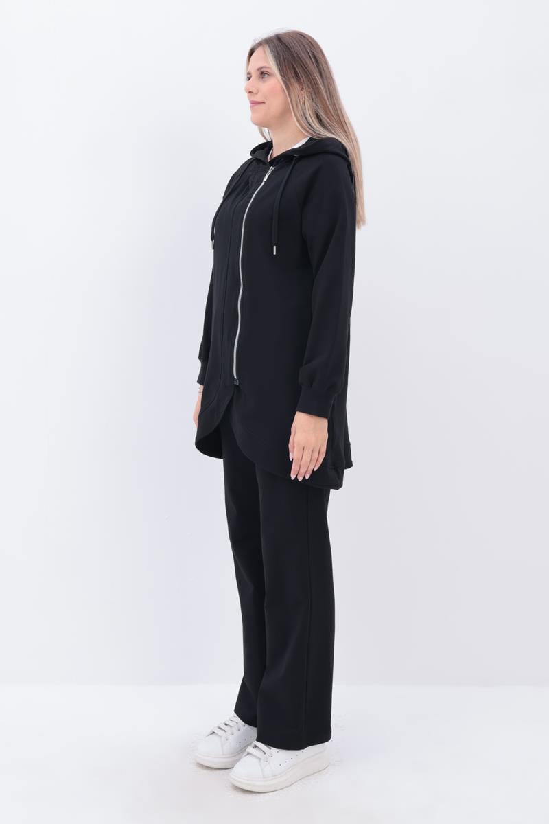 Siyah-Yandan Fermuarlı Cepli Eşofman Takımı