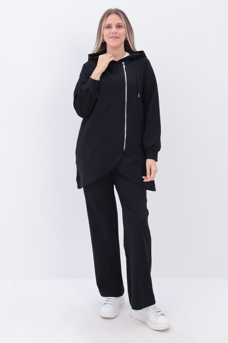 Siyah-Yandan Fermuarlı Cepli Eşofman Takımı