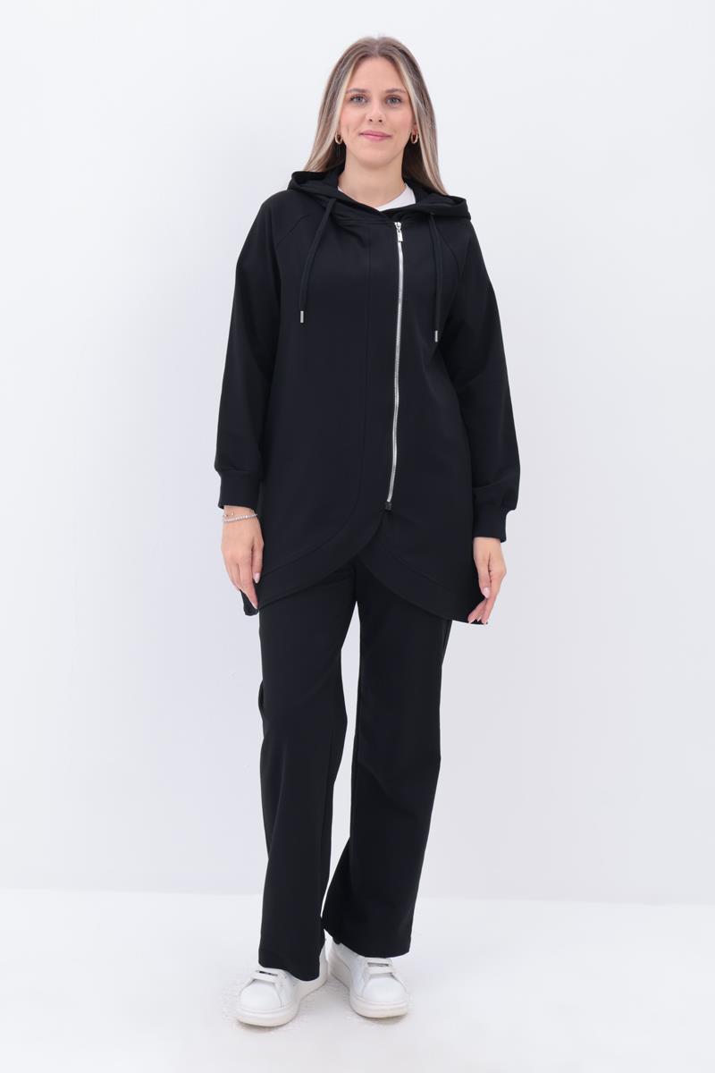 Siyah-Yandan Fermuarlı Cepli Eşofman Takımı