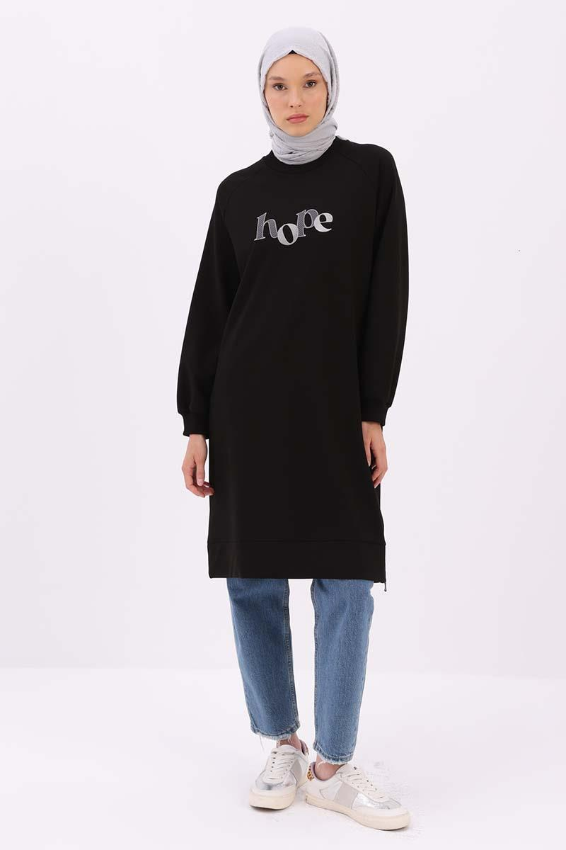Siyah-YANDAN GARNİ YIRTMAÇLI SWEAT TUNİK