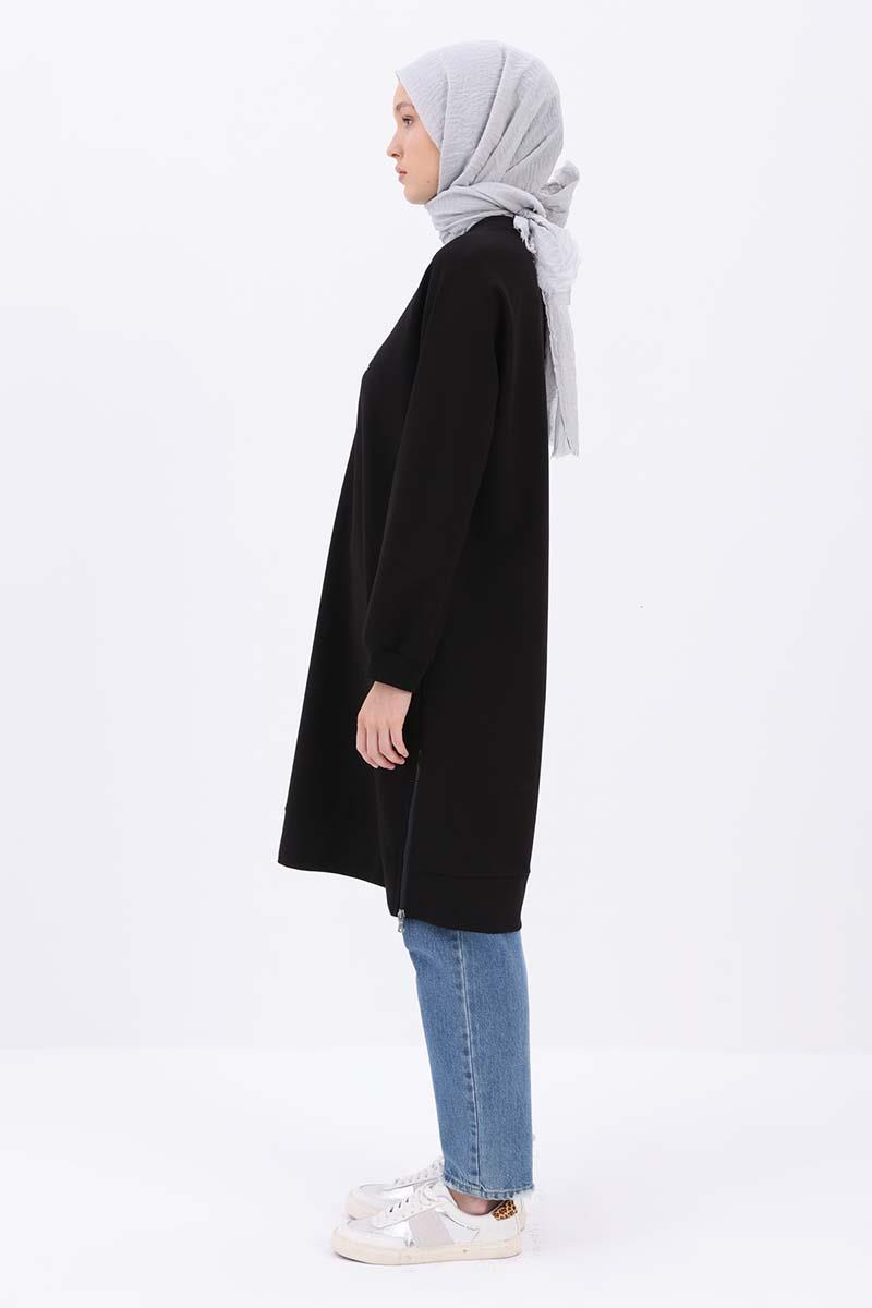 Siyah-YANDAN GARNİ YIRTMAÇLI SWEAT TUNİK