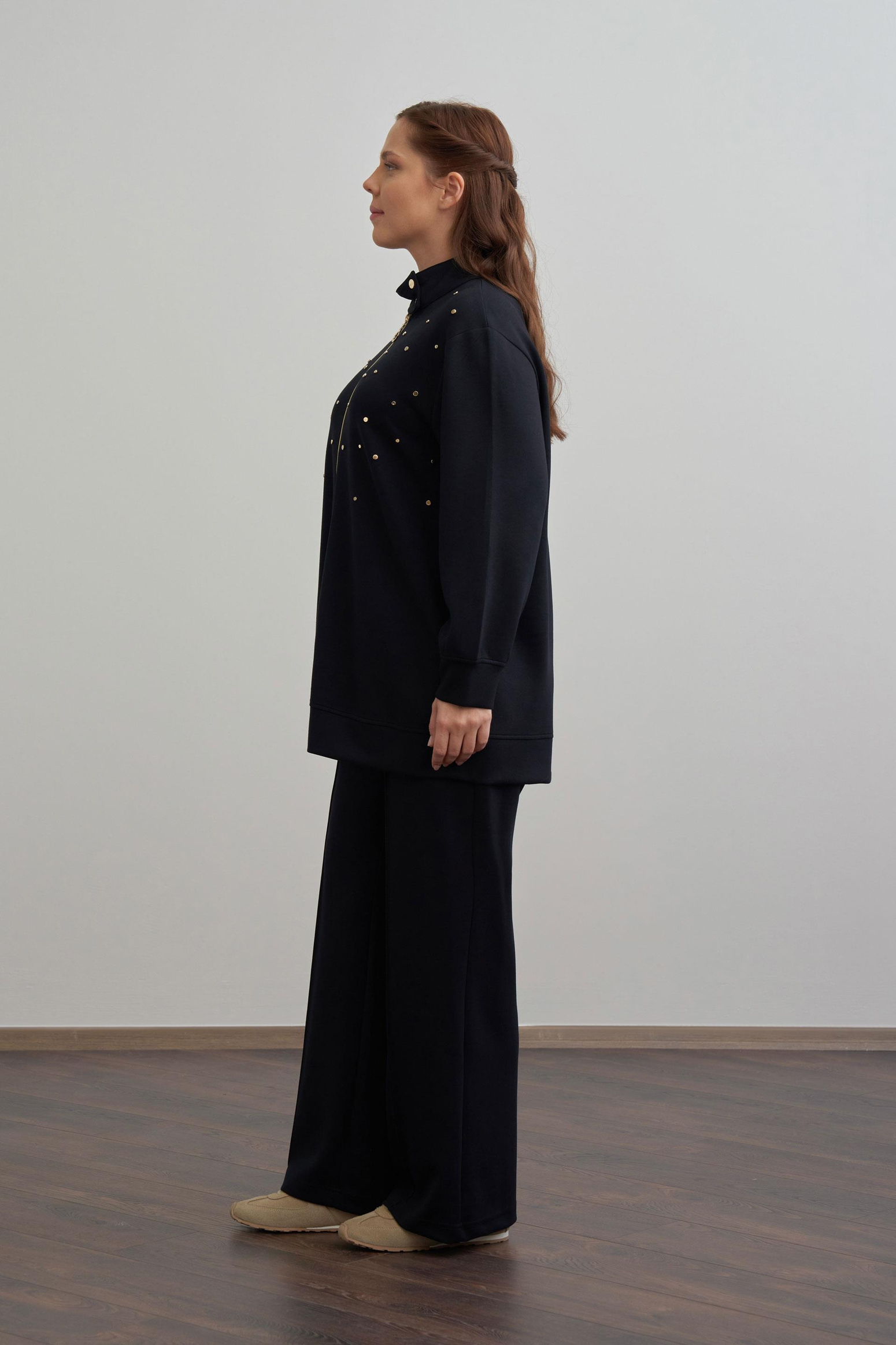 Siyah-Yumuşak Dokulu Büyük Beden Droplu Eşofman Takımı