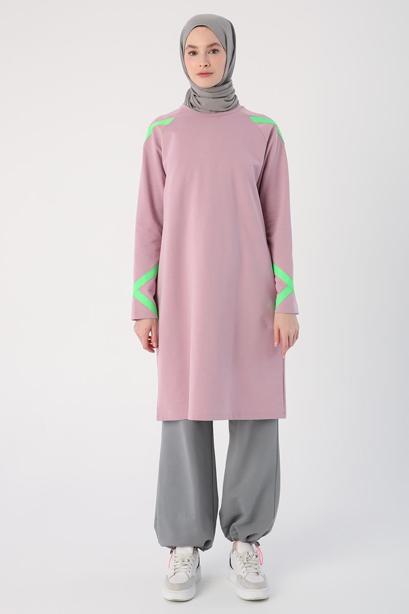 Soft Lila-Neon Şerit Detaylı Sweat Tunik
