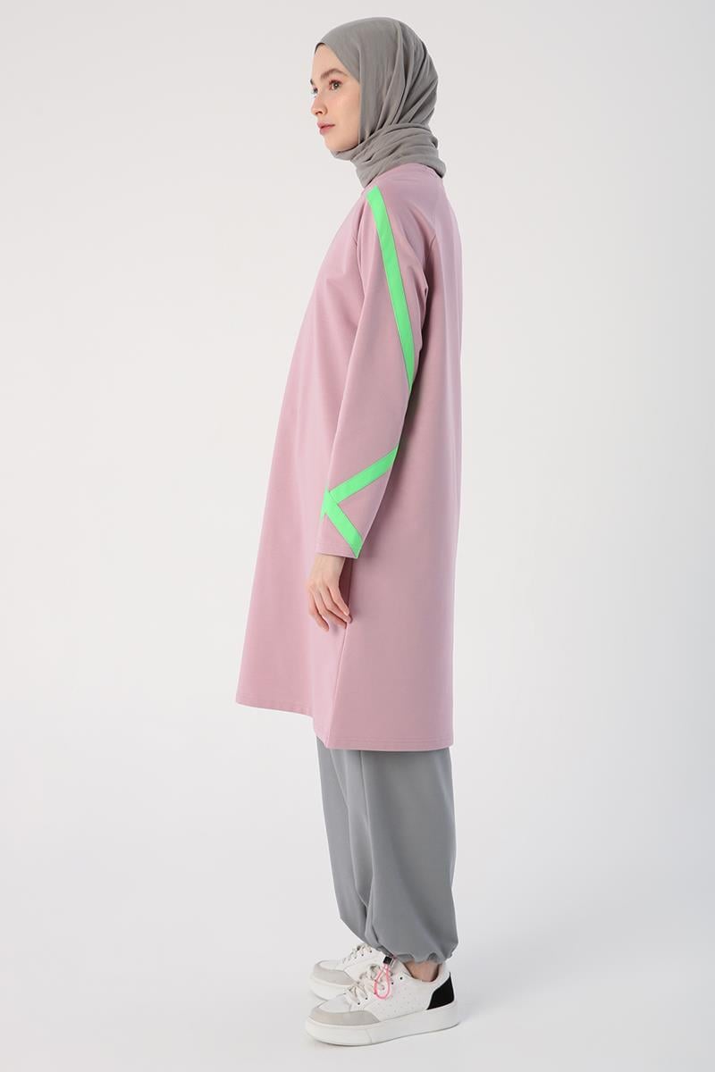 Soft Lila-Neon Şerit Detaylı Sweat Tunik