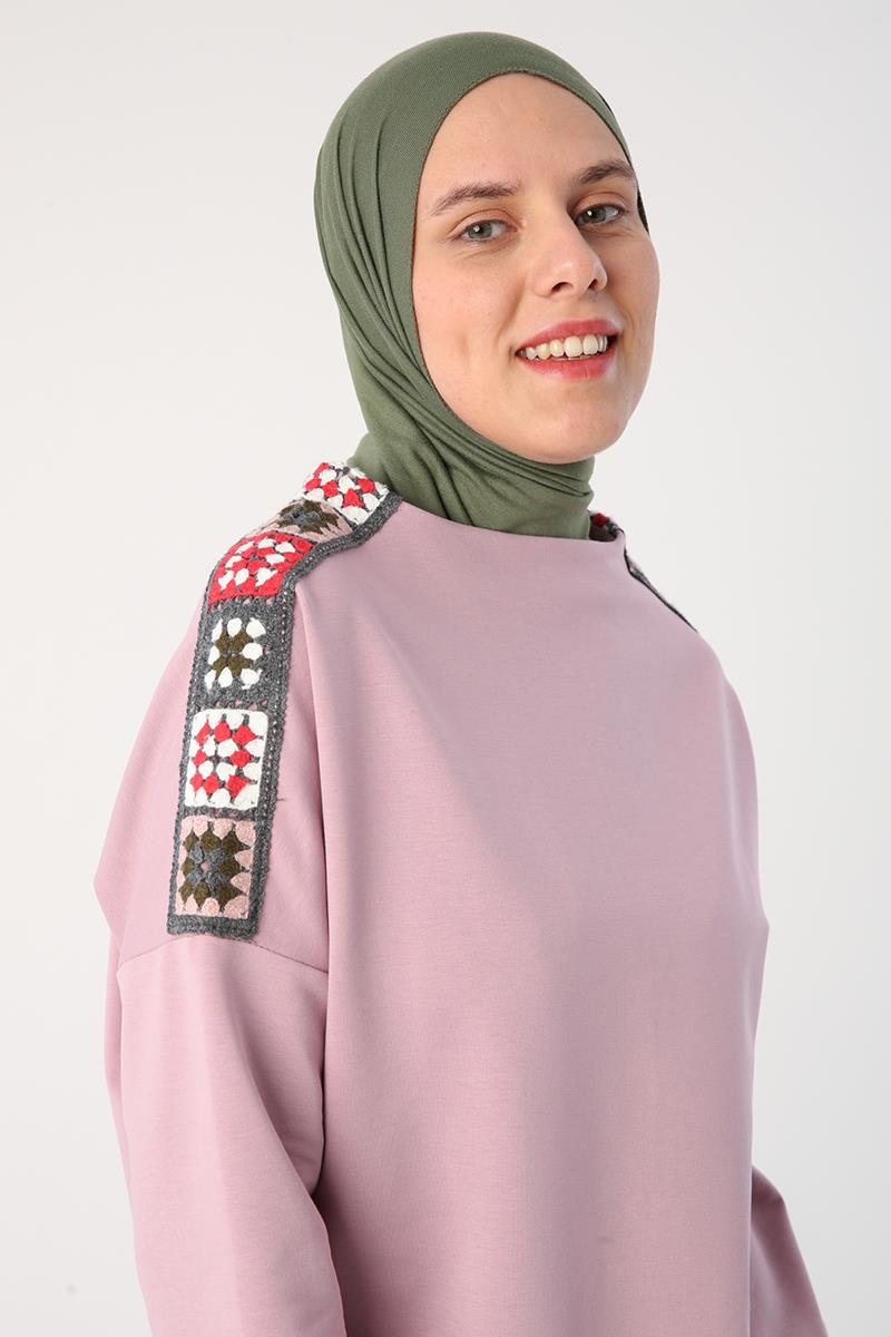 Soft Lila-Oversize Renkli Motifli Örme Tunik