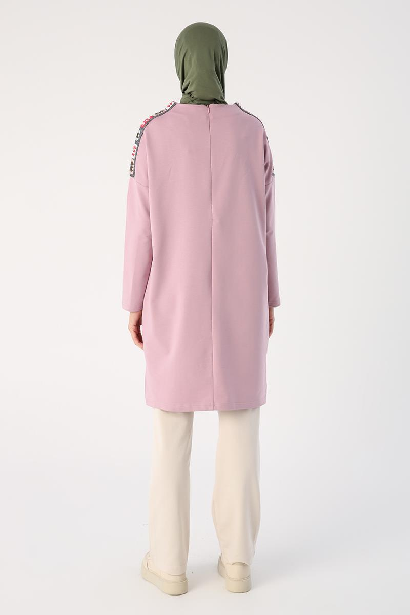 Soft Lila-Oversize Renkli Motifli Örme Tunik
