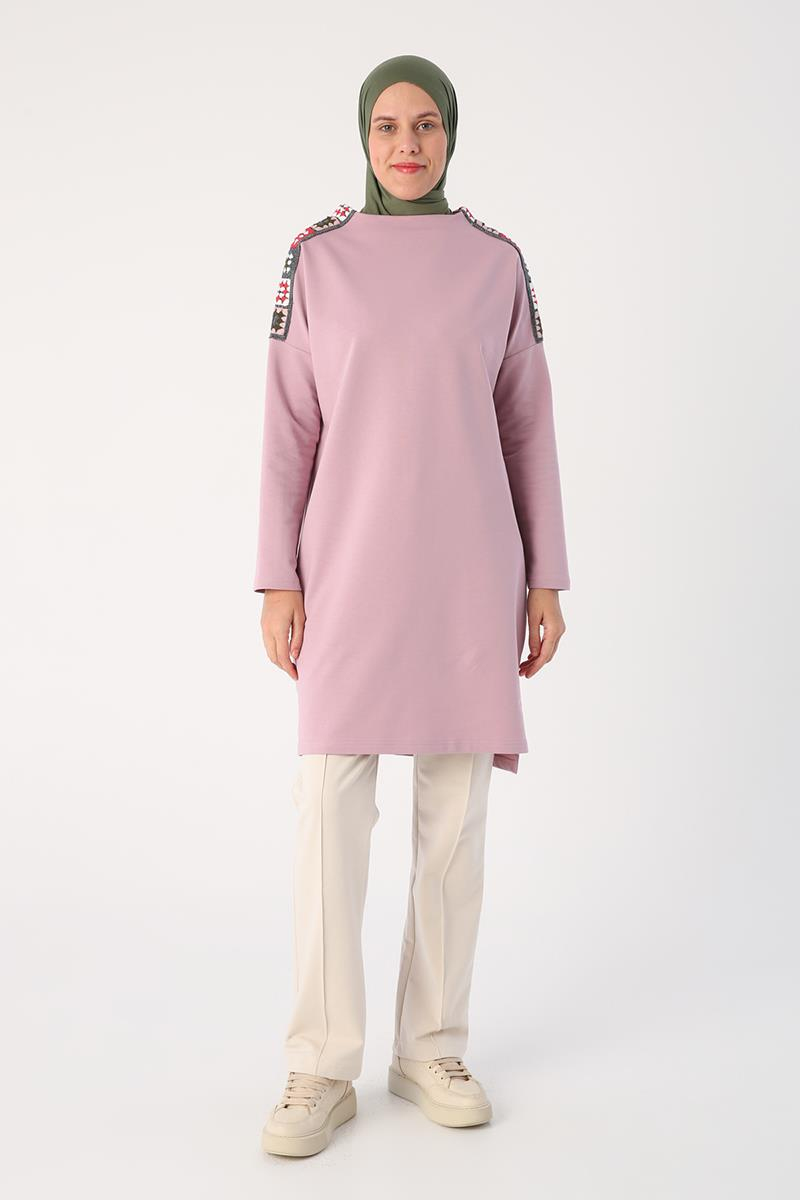 Soft Lila-Oversize Renkli Motifli Örme Tunik