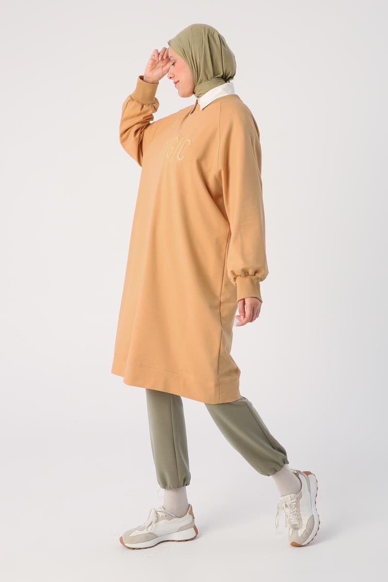 Soft Sarı-Büyük Beden Nakışlı Sweat Tunik