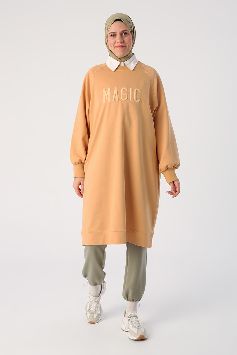 Soft Sarı-Büyük Beden Nakışlı Sweat Tunik