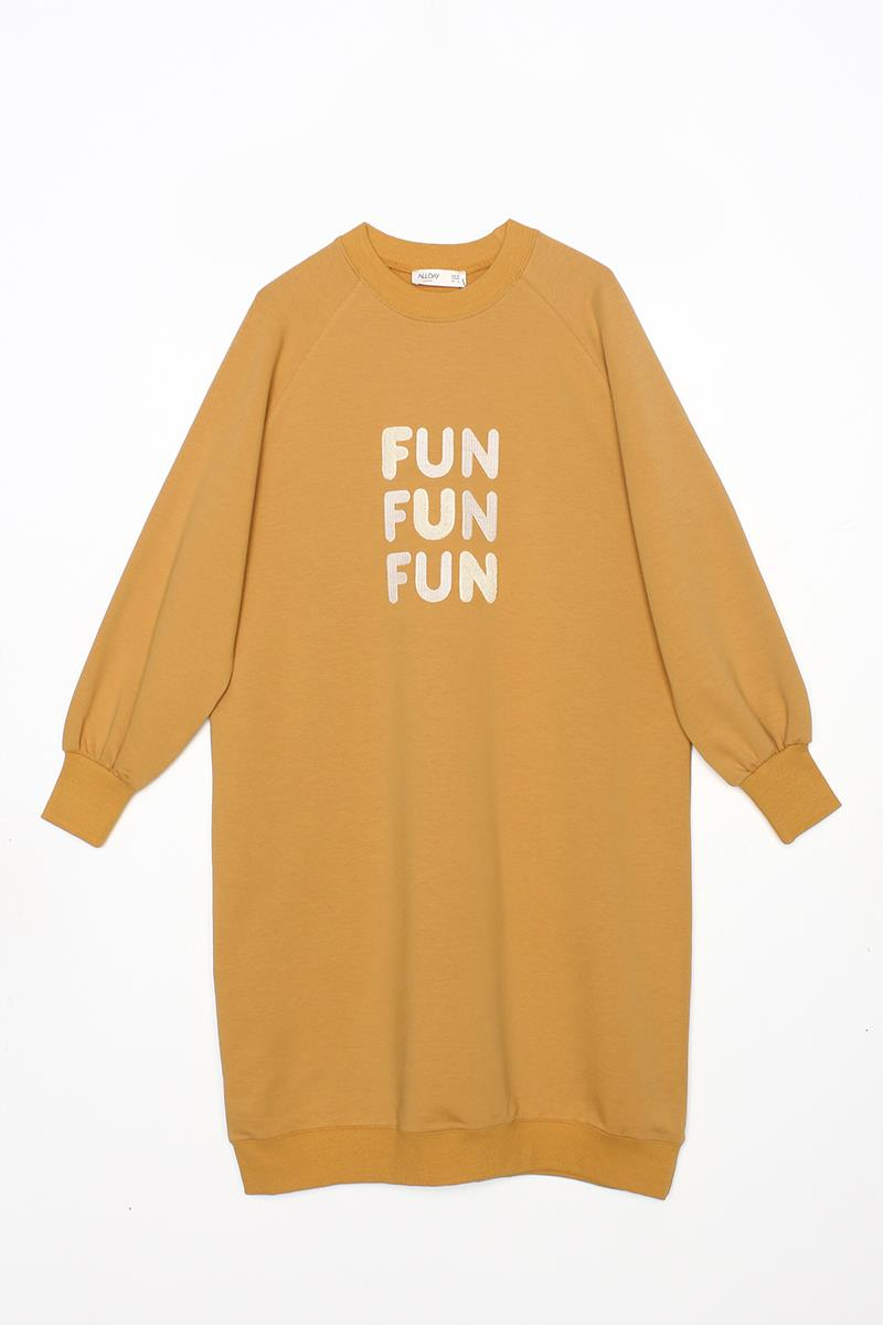 Soft Sarı-Yazı Nakışlı Reglan Kol Sweat Tunik