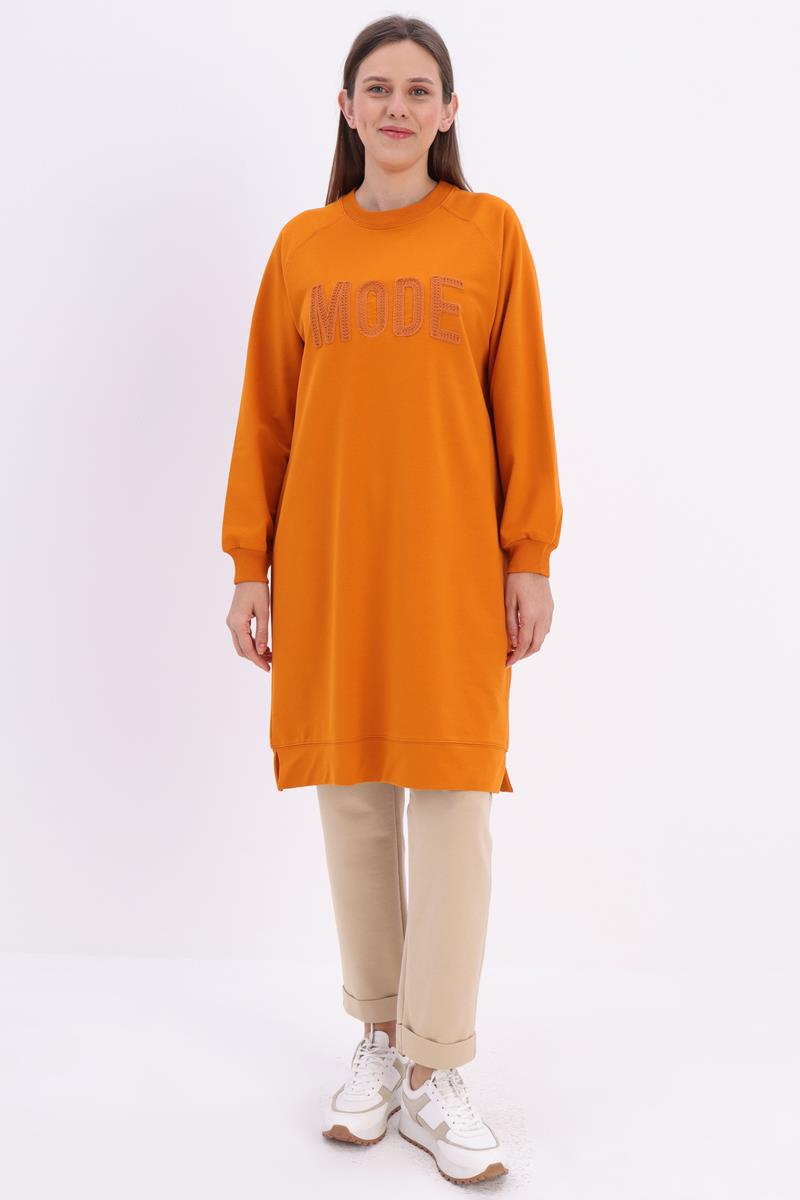 Soft Turuncu-Mode Nakışlı Reglan Kol Tunik