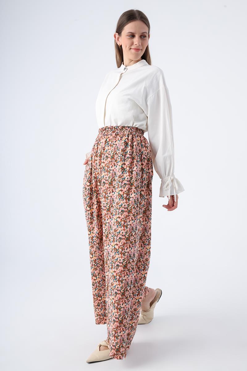 Somon-Kiremit-Baskılı Paçası Yırtmaçlı Beli Lastikli Wide Leg Viskon Keten Pantolon