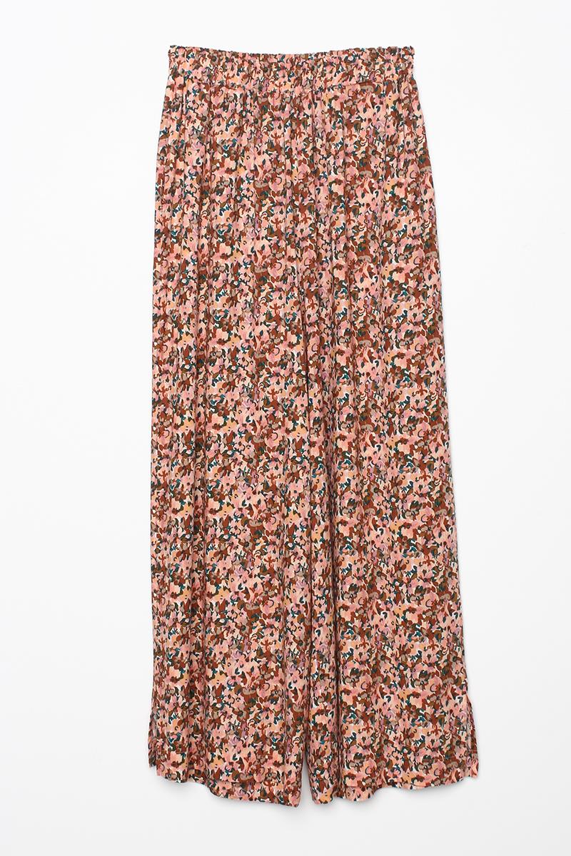 Somon-Kiremit-Baskılı Paçası Yırtmaçlı Beli Lastikli Wide Leg Viskon Keten Pantolon