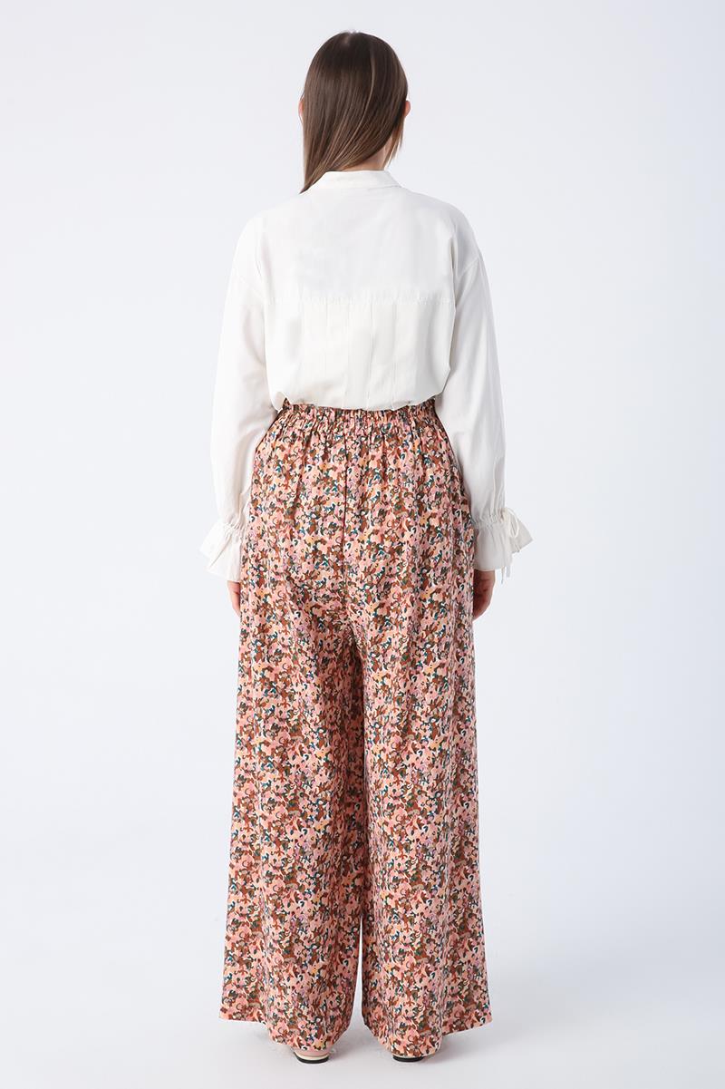 Somon-Kiremit-Baskılı Paçası Yırtmaçlı Beli Lastikli Wide Leg Viskon Keten Pantolon