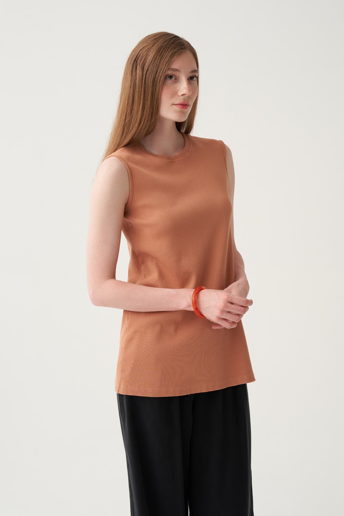 Salmon-Cotton Corded Sleeveless T-Shirt