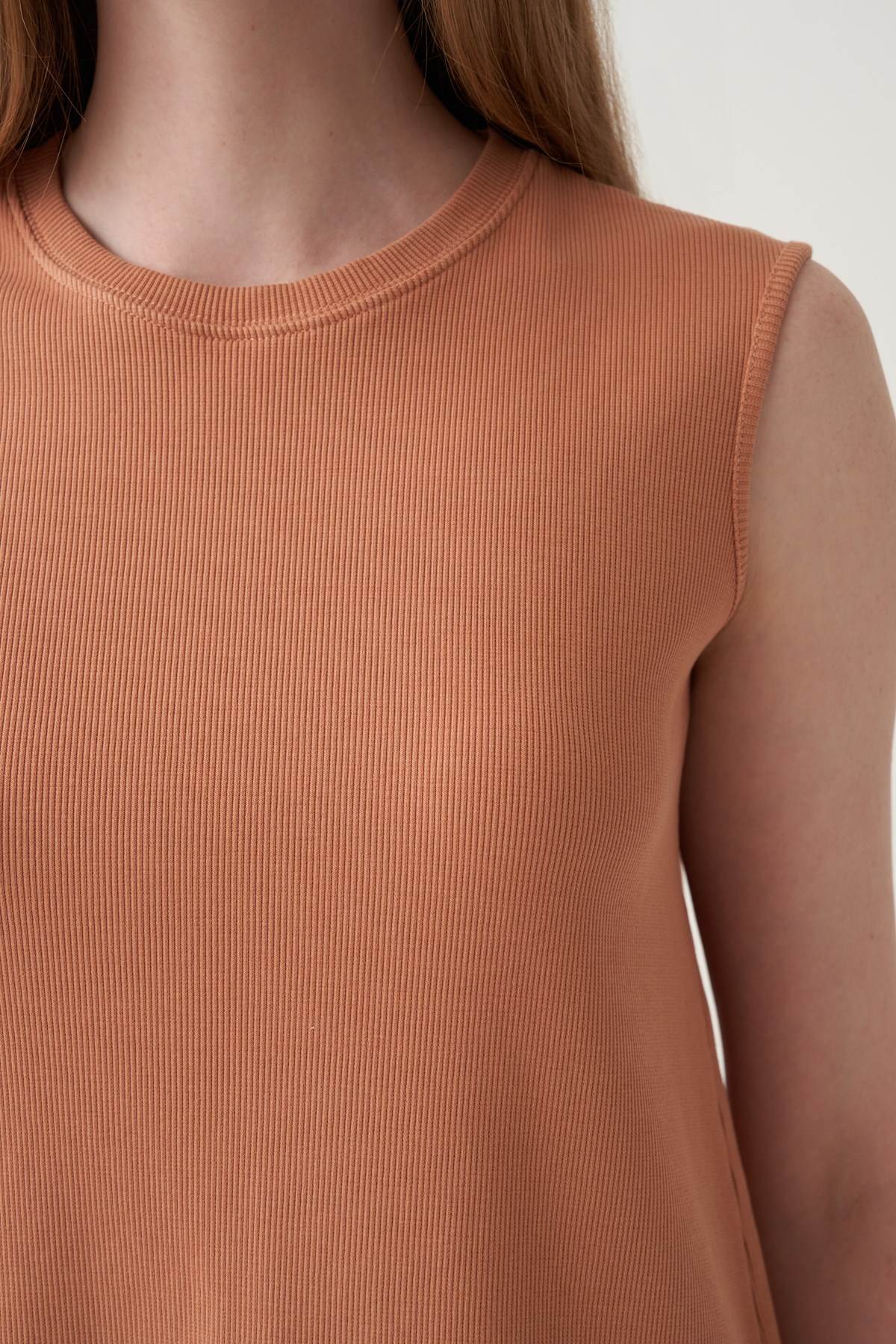 Salmon-Cotton Corded Sleeveless T-Shirt