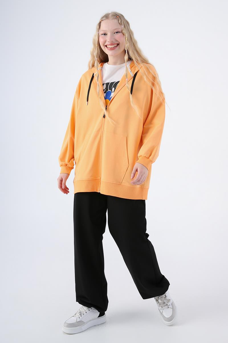 Somon-Pamuklu Oversize Kapüşonlu Sweat Hırka
