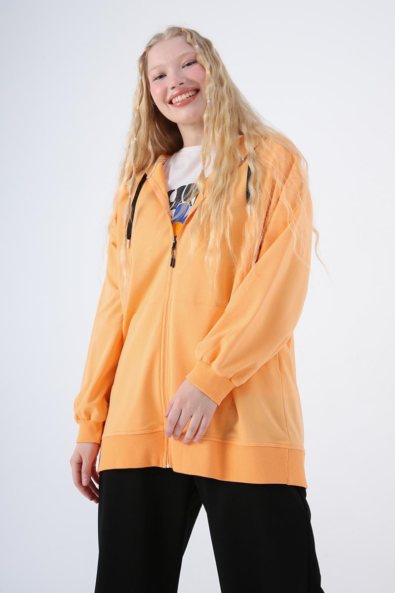 Somon-Pamuklu Oversize Kapüşonlu Sweat Hırka