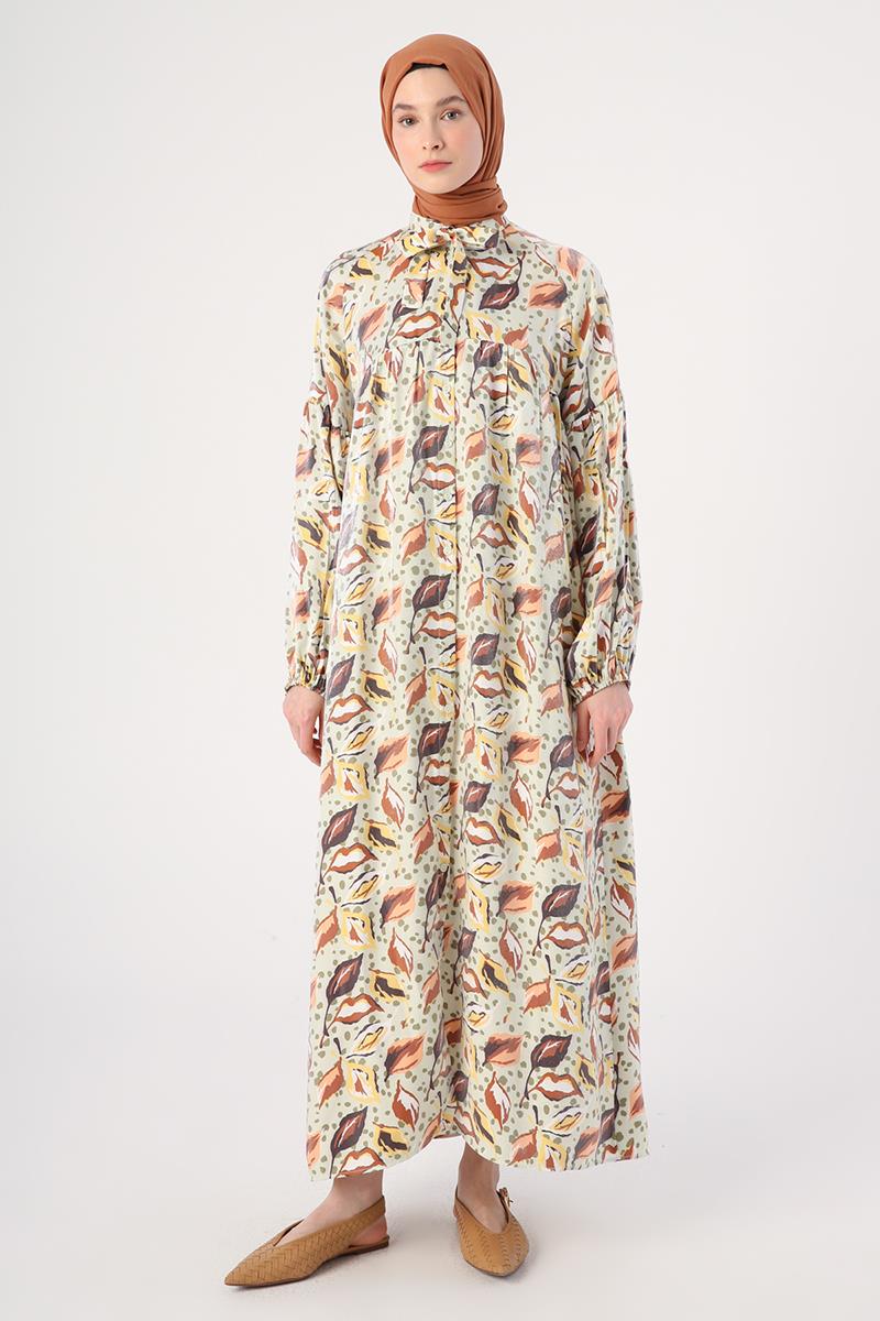 Water Green-Brown-Scarf Neck Printed Pattern Sparkly Dress