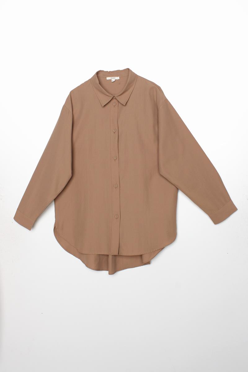 Sütlü Kahve-Kumaş Kaplamalı Düğmeli Oversize Gömlek