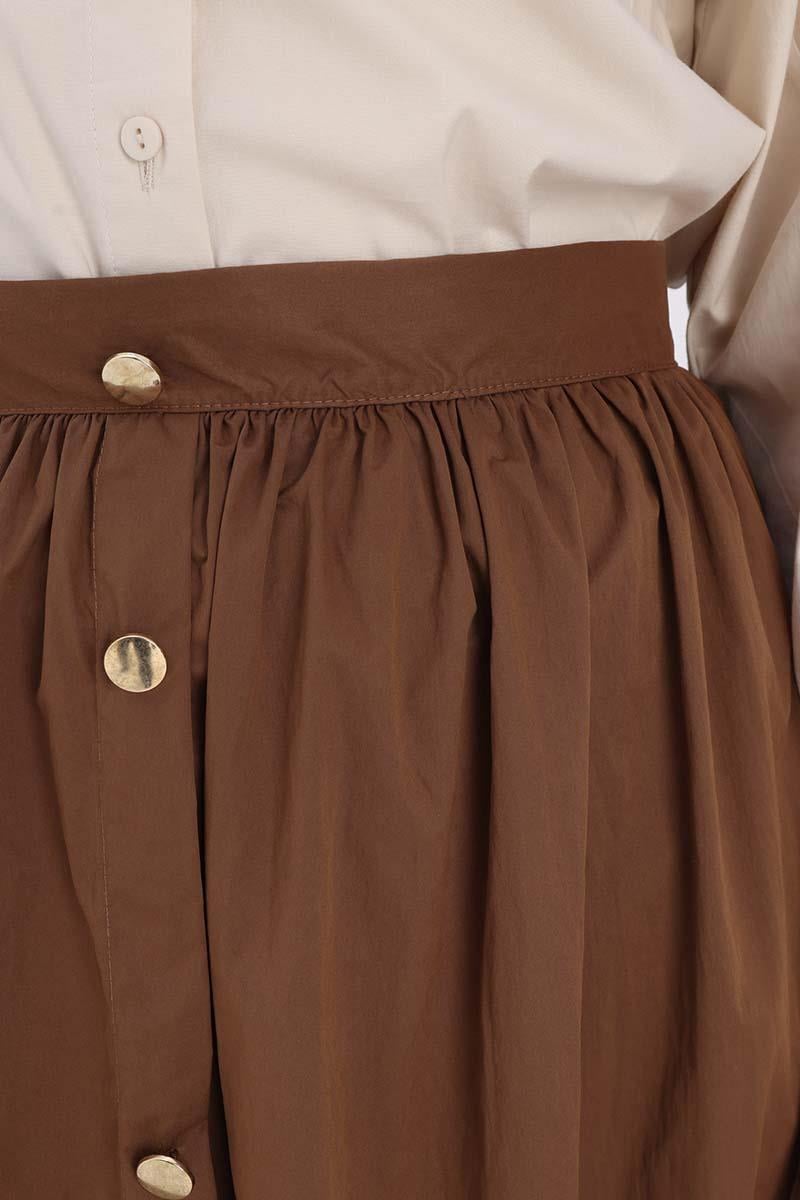 Tan-Button Detailed Pleated Skirt