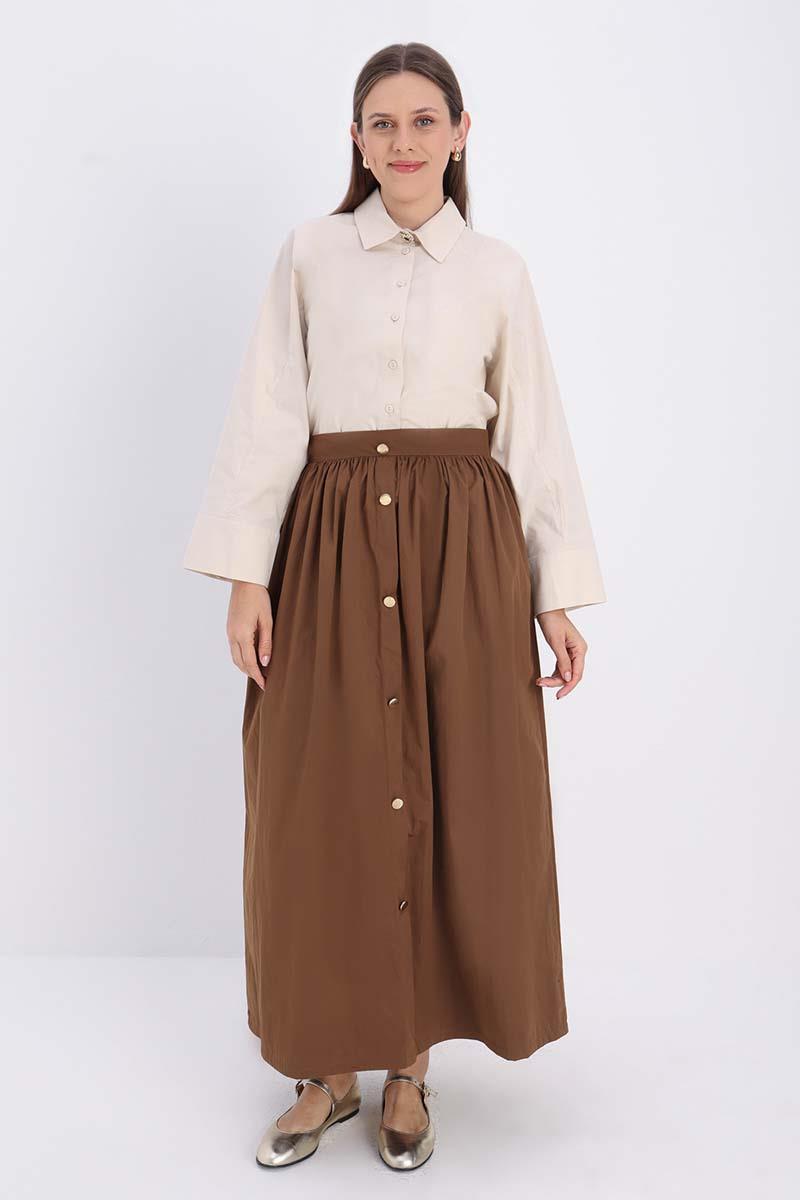 Tan-Button Detailed Pleated Skirt