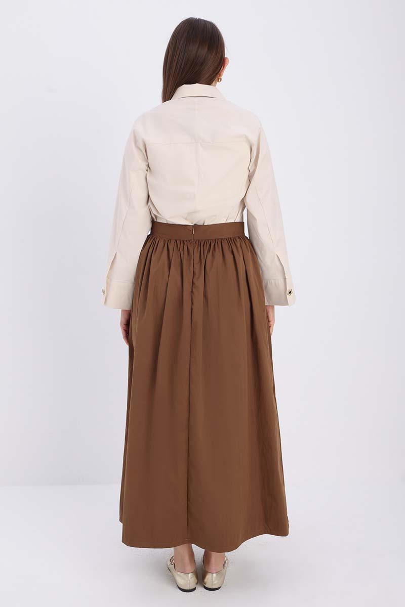 Tan-Button Detailed Pleated Skirt