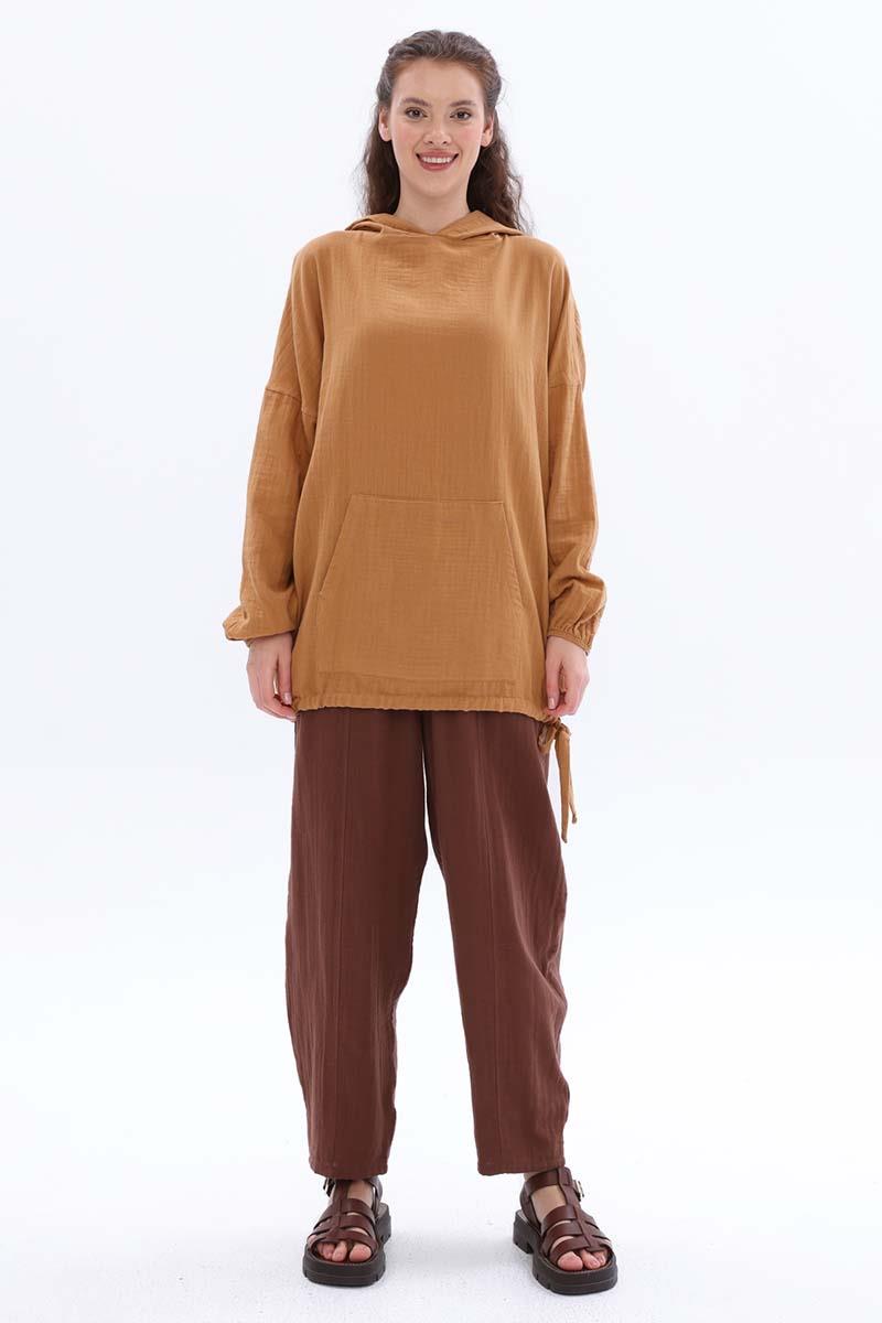 Taba-Kapüşonlu Kanguru Cepli Sweatshirt