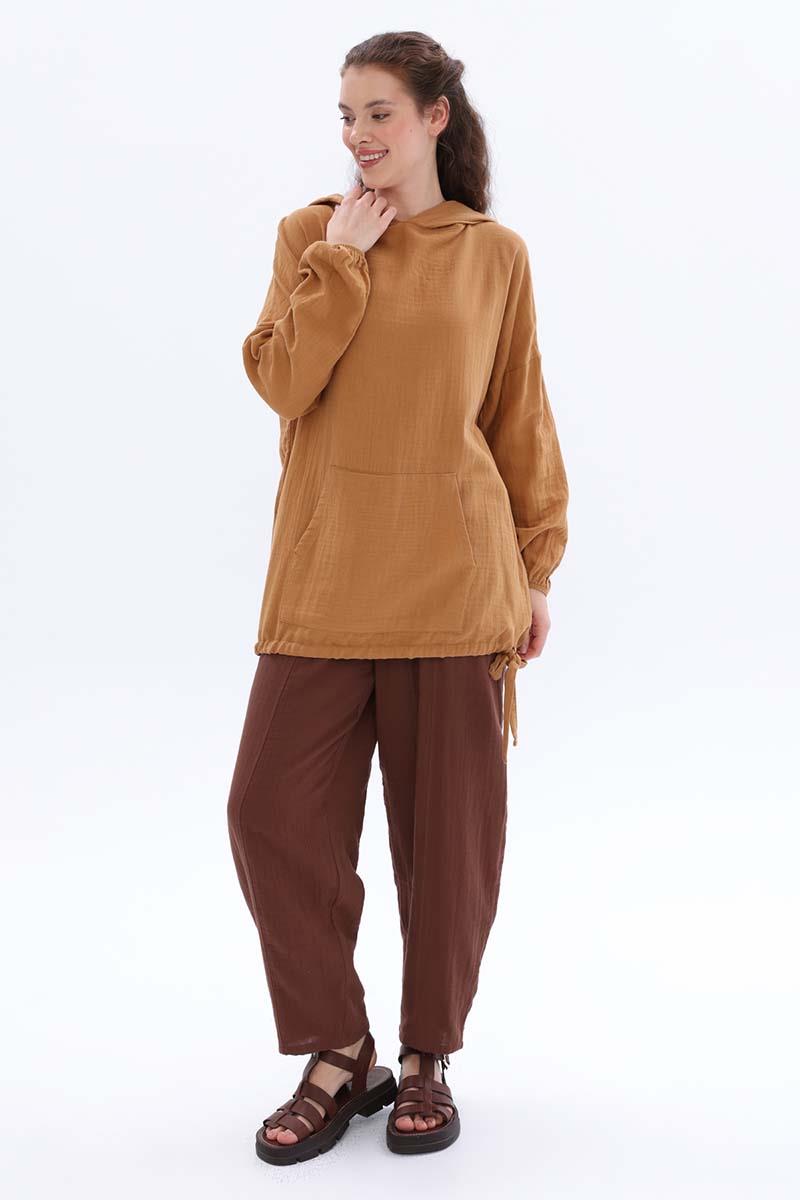 Taba-Kapüşonlu Kanguru Cepli Sweatshirt