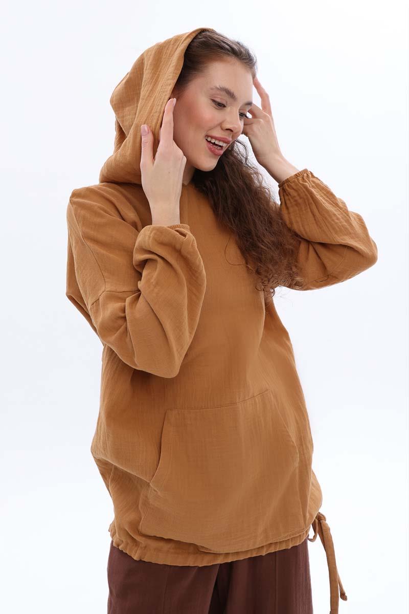 Taba-Kapüşonlu Kanguru Cepli Sweatshirt