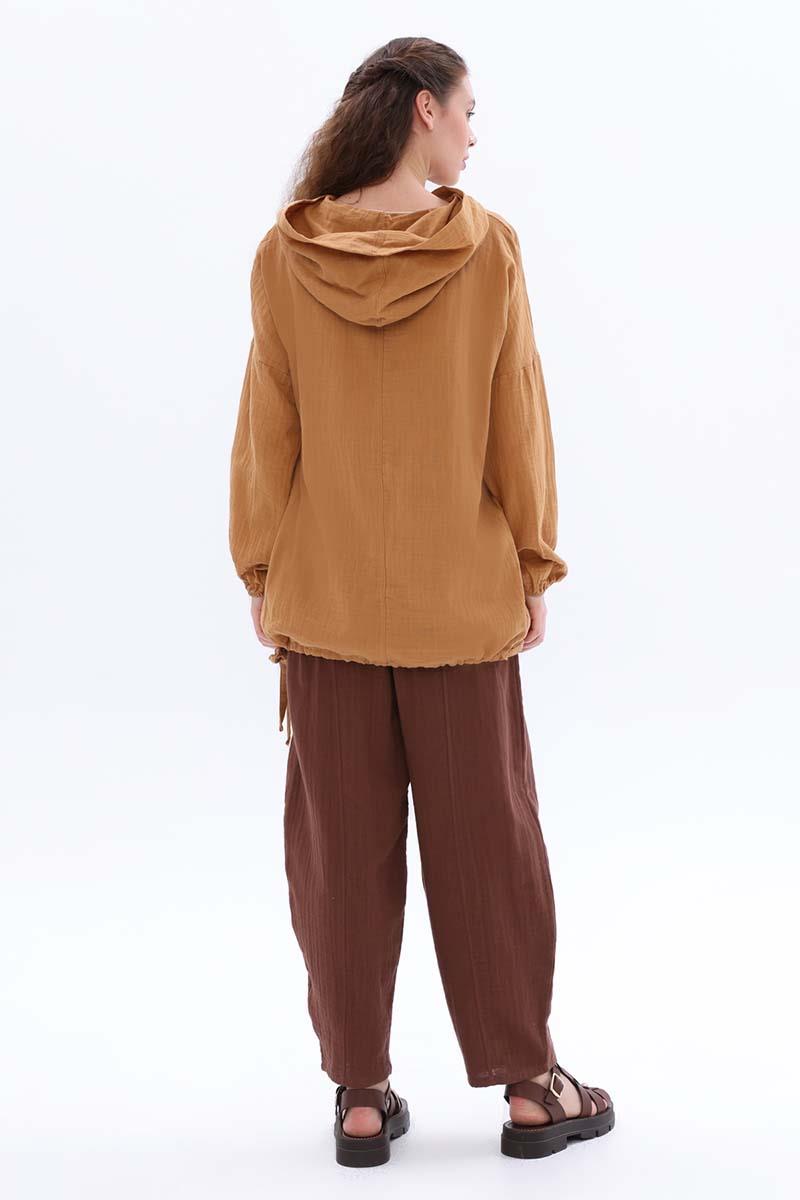 Taba-Kapüşonlu Kanguru Cepli Sweatshirt